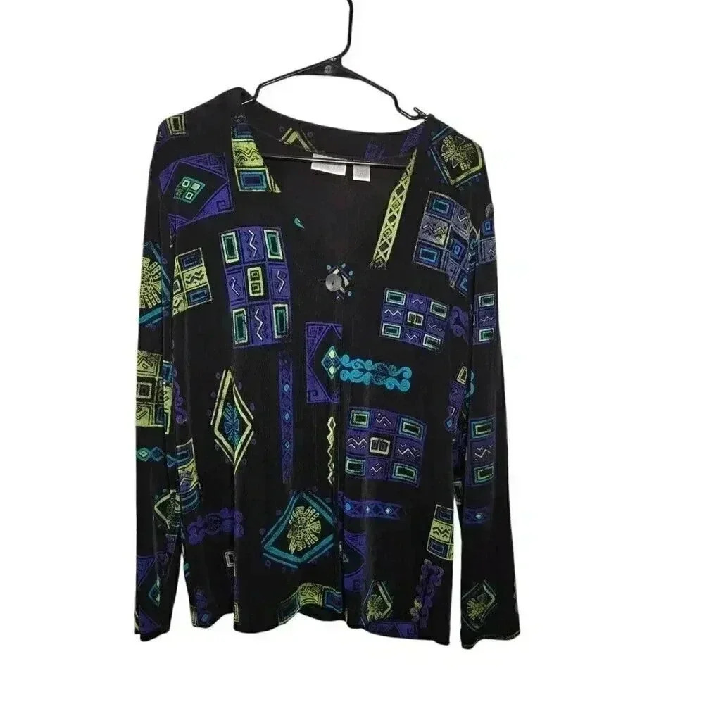 Vtg Chicos Women Large (12)Women Black Slinky Cardigan Aztec Ethnic Tribal Print